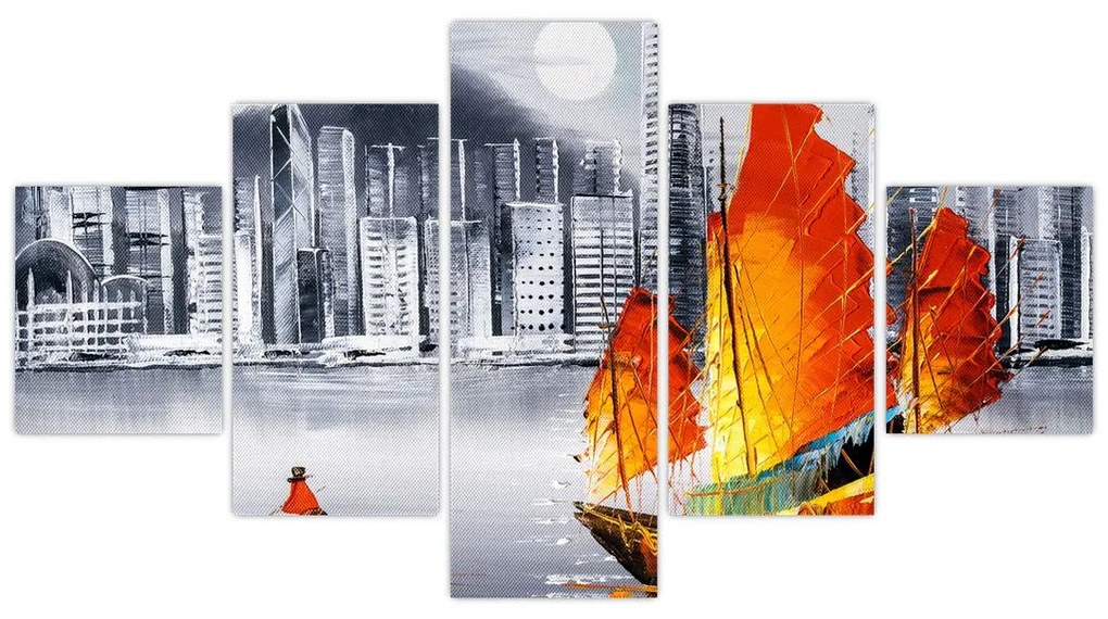 Obraz - Victoria Harbor, Hongkong, czarno-biały obraz olejny (125x70 cm)