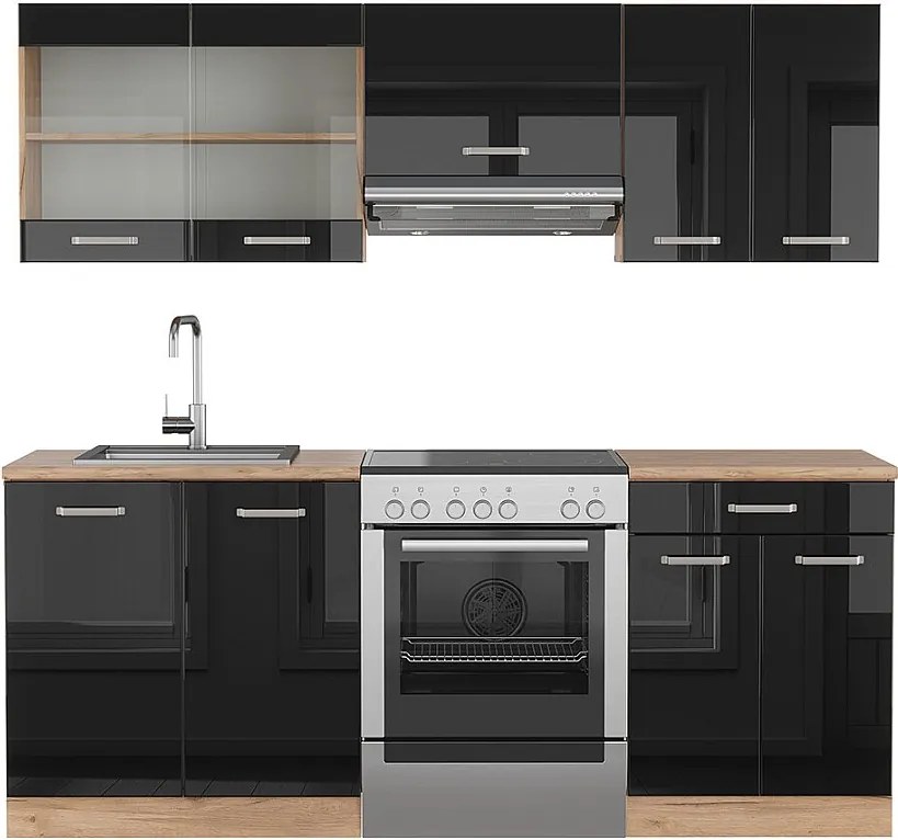 Aneks kuchenny czarny/złoty dąb o wysokim połysku 200x60x81.6 r-line