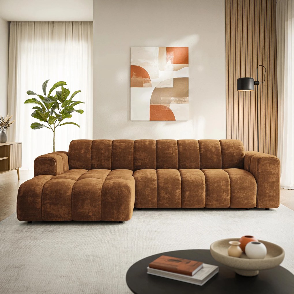 Masseno Narożnik SETIA Lewostronny, L-Kształtny, Nowoczesna Sofa narożna, Tkanina Szenilowa - Jasnobrązowy, LUMO 35