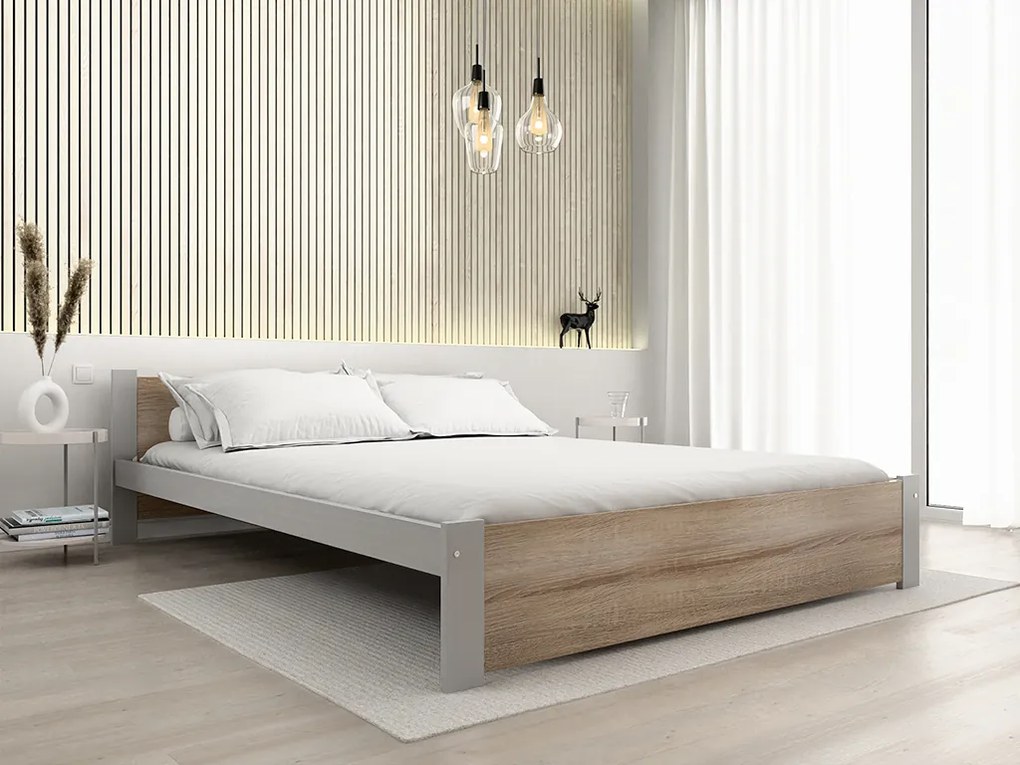 Łóżko IKAROS 140 x 200 cm, dąb sonoma/szary Stelaż: Ze stelażem listwowym elastycznym, Materac: Materac Somnia 18 cm