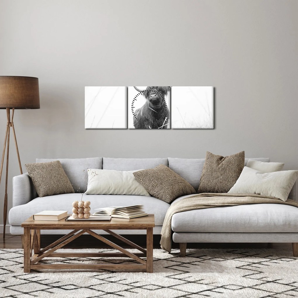 Obraz - Szkocka krowa 4, czarno - biały (z zegarem) (90x30 cm)