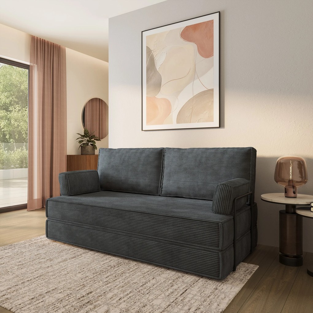 Masseno Sofa piankowa SILAR z funkcją spania, Kanapa z pianki do salonu, Bezmontażowa, Tkanina sztruksowa – Grafitowy POSO 34