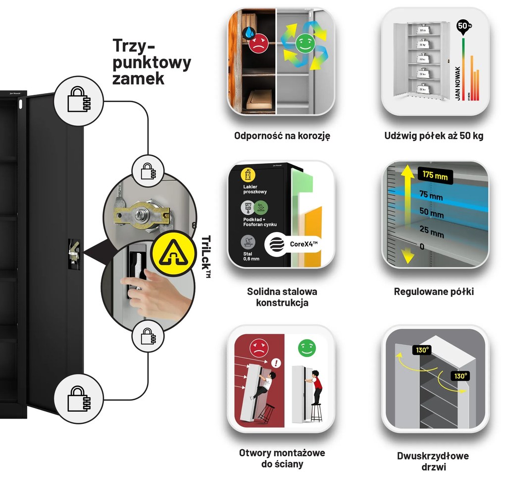 Szafa biurowa na dokumenty czarna: JAN, 900 x 1850 x 400 mm