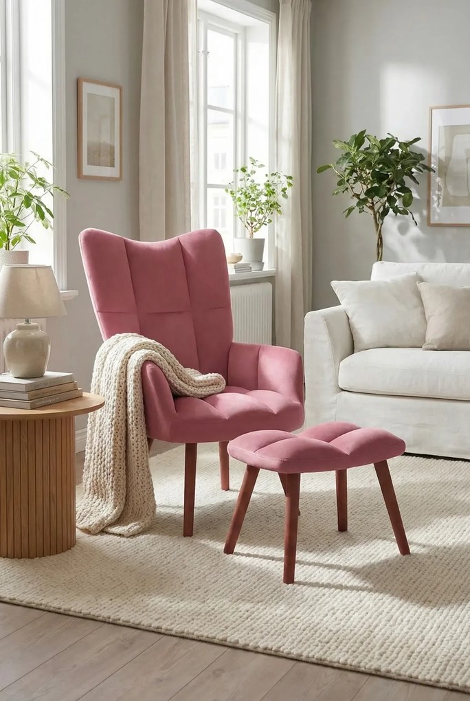 Różowy pikowany fotel wypoczynkowy z podnóżkiem D8-N70