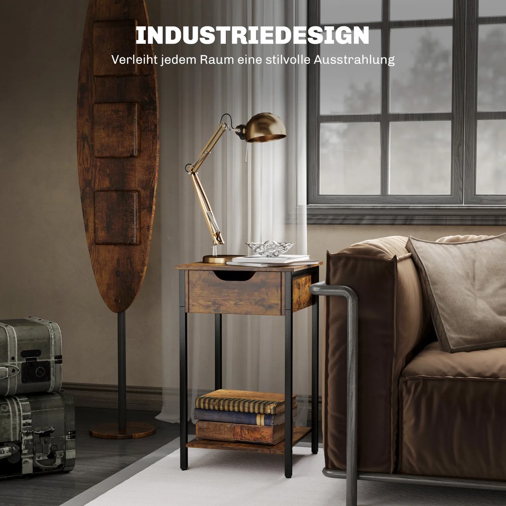 HOMCOM Stolik w stylu industrialnym z szufladą, półką, metalową ramą, drewnem, 40 x 40 x 68 cm, Brązowy