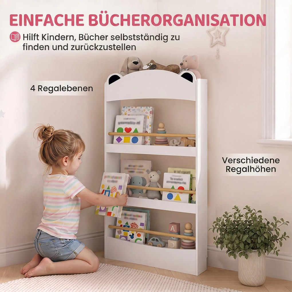 AIYAPLAY Regał na książki dla dzieci, montowany na ścianie regał dziecięcy z 4 poziomami, regał ścienny w kształcie misia, 50 x 15 x 97 cm Biały | Aosom PL