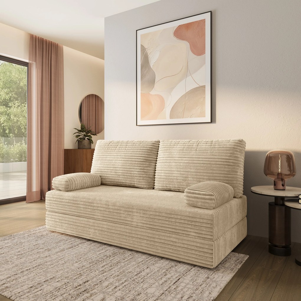 Masseno Sofa piankowa SILAR z funkcją spania, Kanapa z pianki do salonu, Bezmontażowa, Tkanina sztruksowa – Kremowy TILIA 03