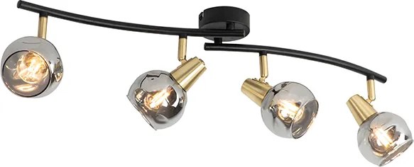 Lampa sufitowa art deco złota z przydymionym szkłem 4-punktowa - Vidro