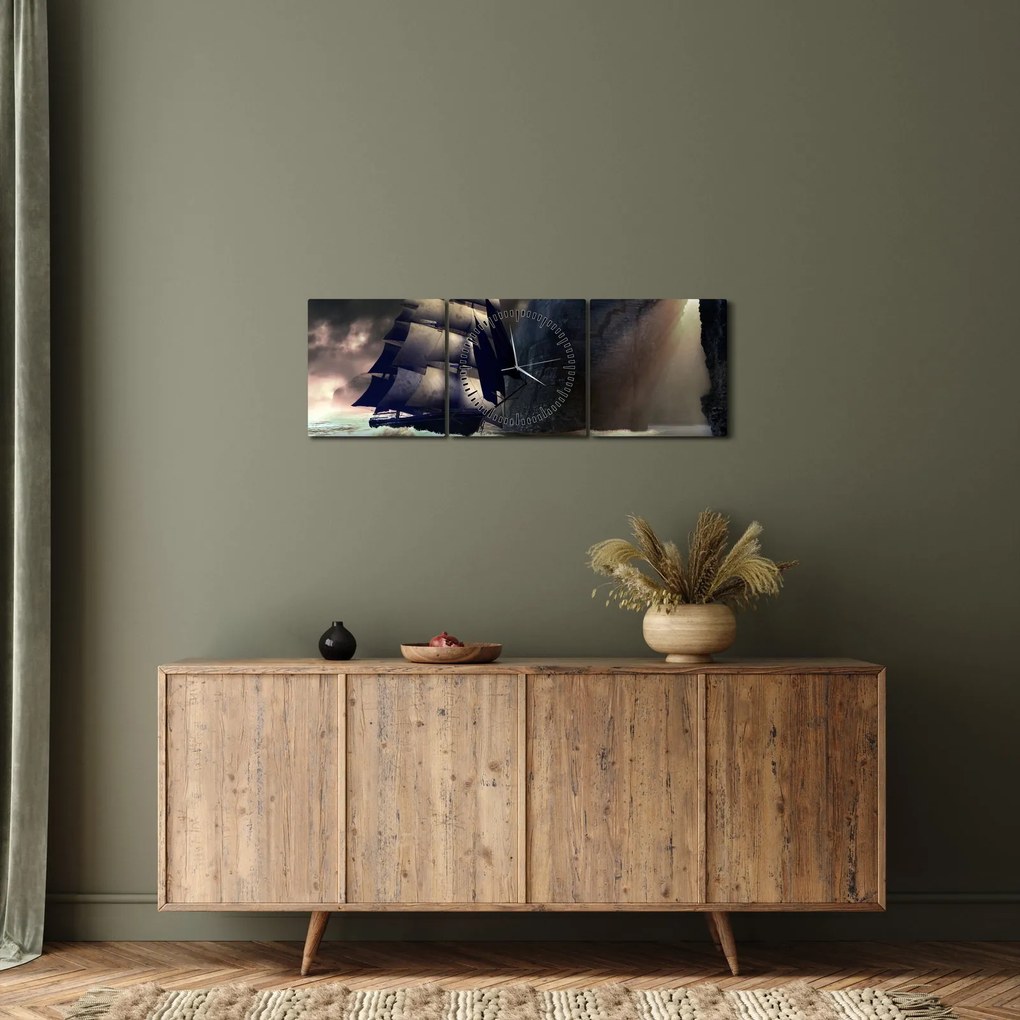 Obraz - Statek między klifami (z zegarem) (90x30 cm)