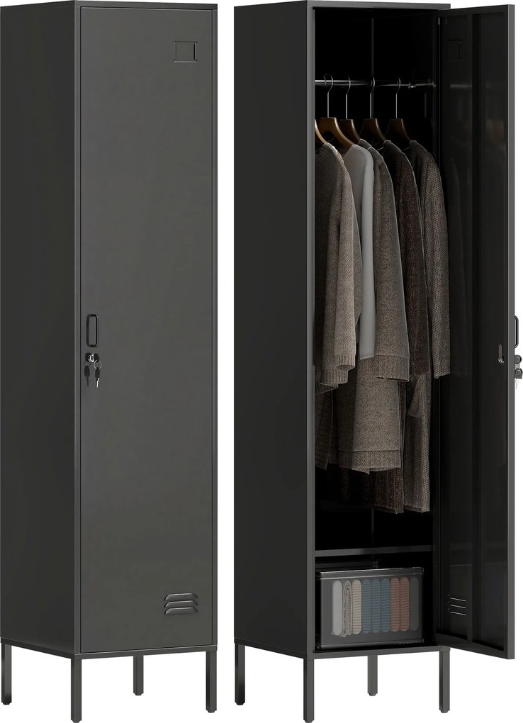 HOMCOM Metalowa szafka z zamykaną drzwiami i drążkiem na ubrania, pojedyncza stalowa szafka do domu lub biura, czarna | Aosom PL