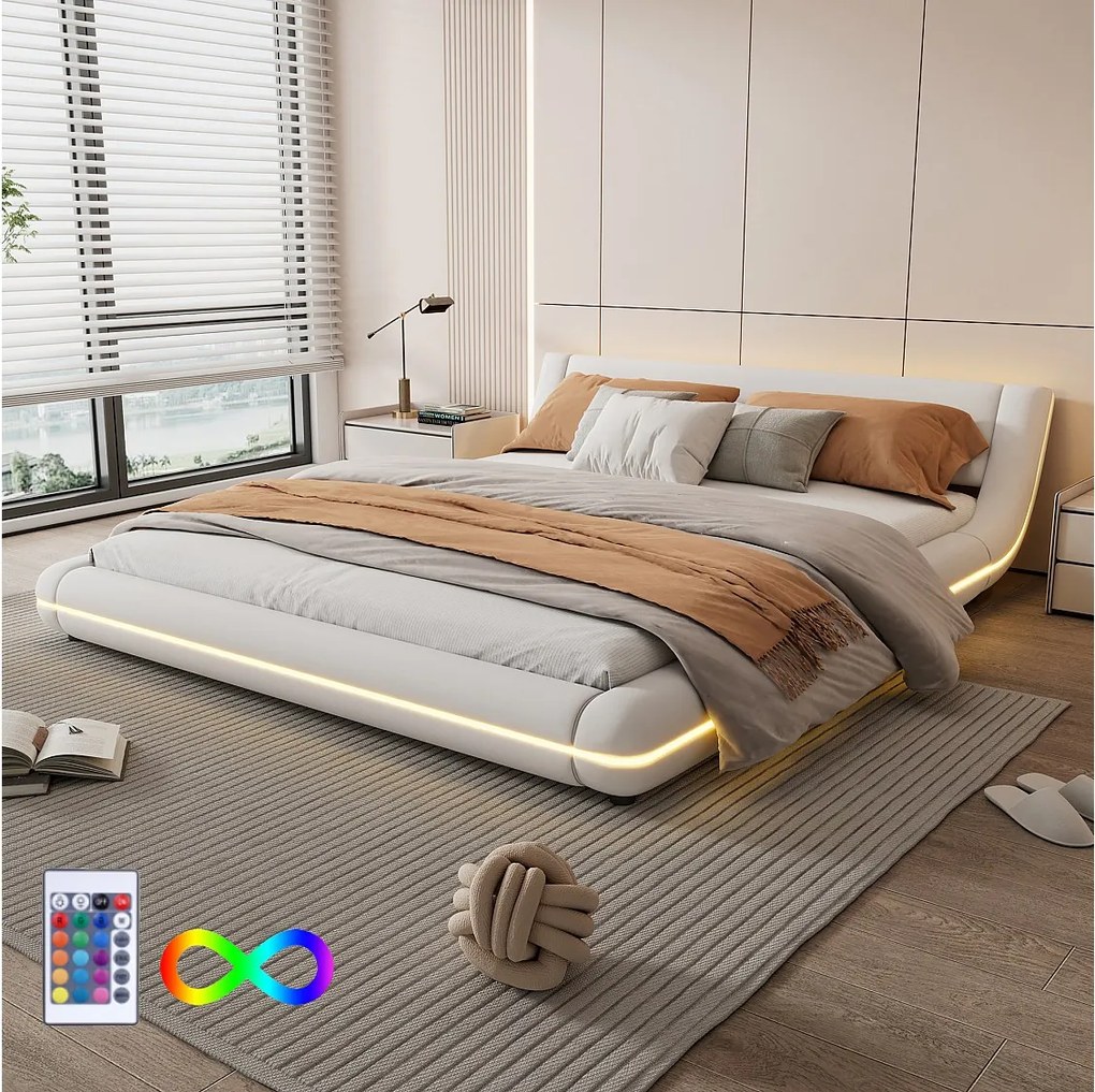 Łóżko dwuosobowe 160 x 200 cm - Łóżko podłogowe - Skóra ekologiczna - Oświetlenie otoczenia LED z pilotem - Białe