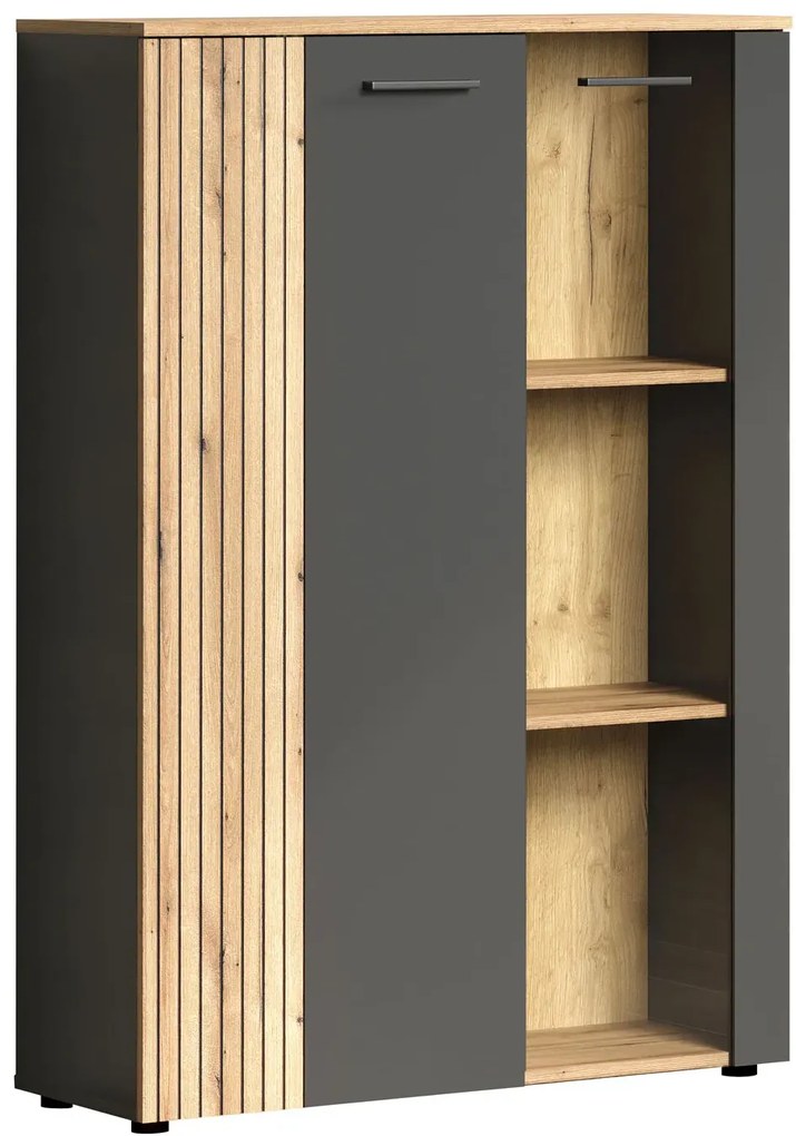 Niska witryna nowoczesna do salonu z lamelami grafit + dąb evok A2-D81