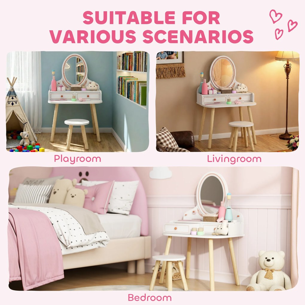 AIYAPLAY Dziecięcy Stolik do Makijażu Zestaw z Taboretem Lustrem Szufladami Drążkami na Ubrania dla 3-8 Lat 56 x 38 x 87,8 cm Biały | Aosom PL