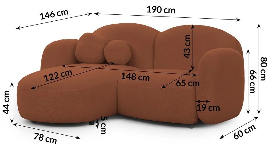 Narożnik z materiału bouclé (lewostronny/z szezlongiem) w kolorze terakoty Orbit – Ropez
