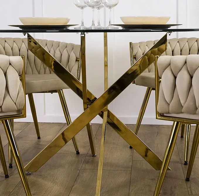 Okrągły szklany stół na złotej podstawie glamour - Amira