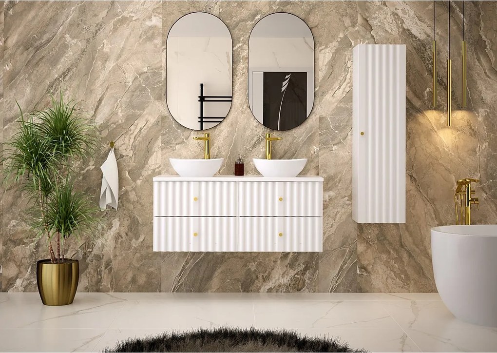 Biały Zestaw Łazienkowy 120cm Szafka z Blatem Ryflowane Fronty Aqua