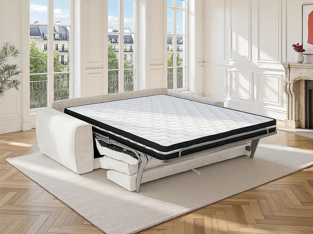 Kanapa 3-osobowa rozkładana typu express z beżowej tkaniny szenilowej - Powierzchnia spania 140 cm - Materac 16 cm VOMERA od Maison Céphy