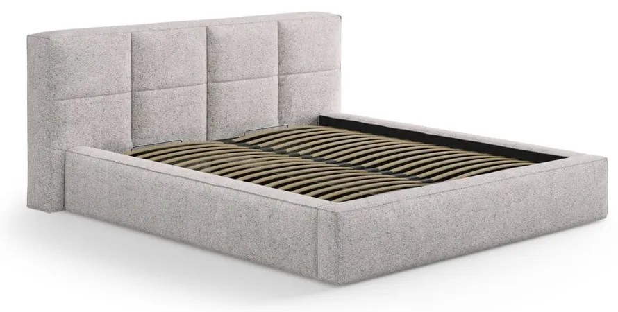 Beżowe tapicerowane łóżko dwuosobowe ze schowkiem i stelażem 200x200 cm Simon – Micadoni