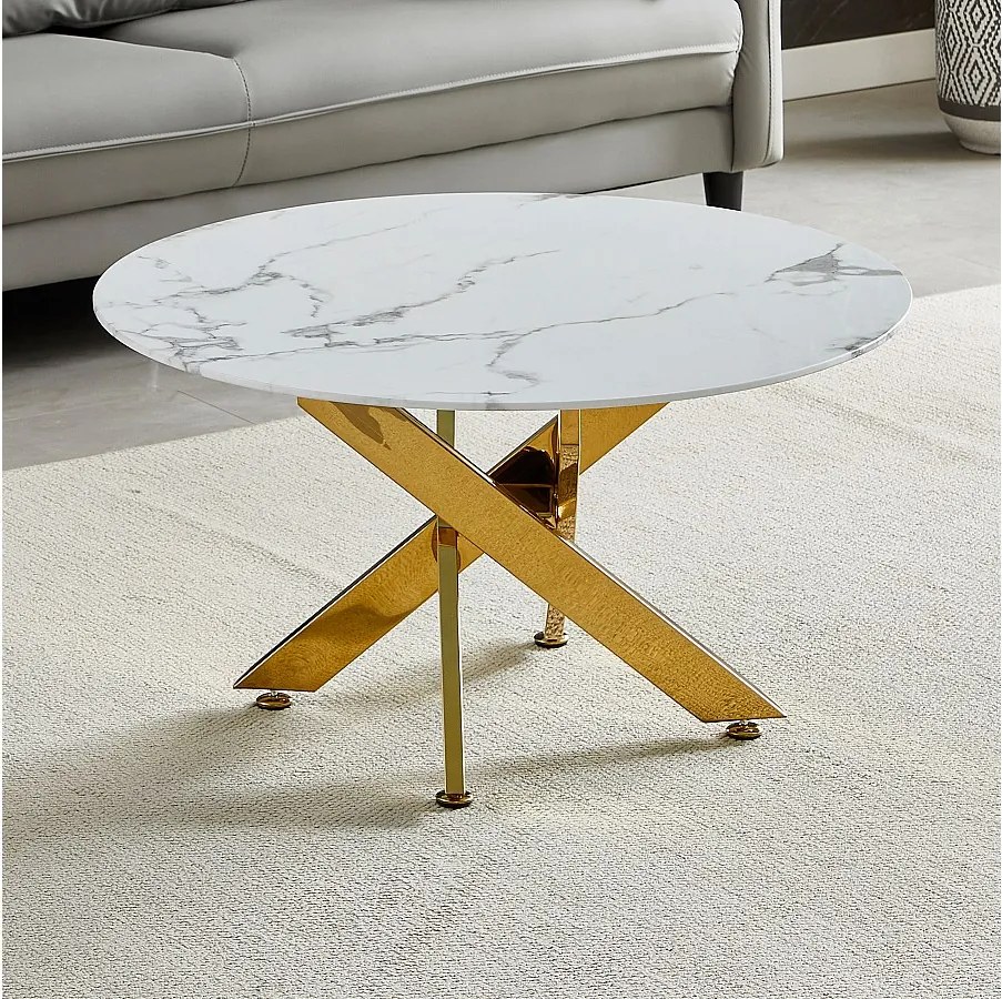 Okrągły stolik kawowy – Hartowane szkło z efektem białego marmuru – Złoty metal – CHIARA