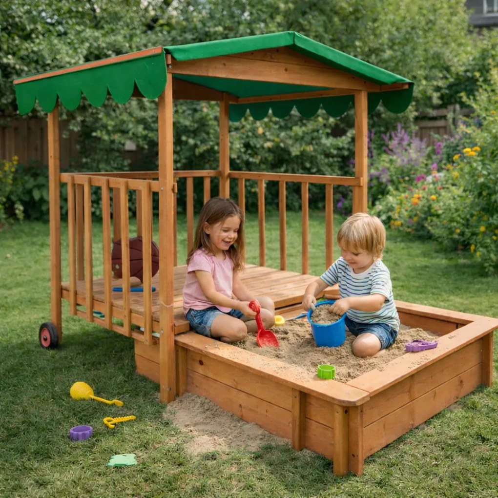 Piaskownica z werandą HAPPY, 130x130x143cm, brązowa/zielona Jurhan