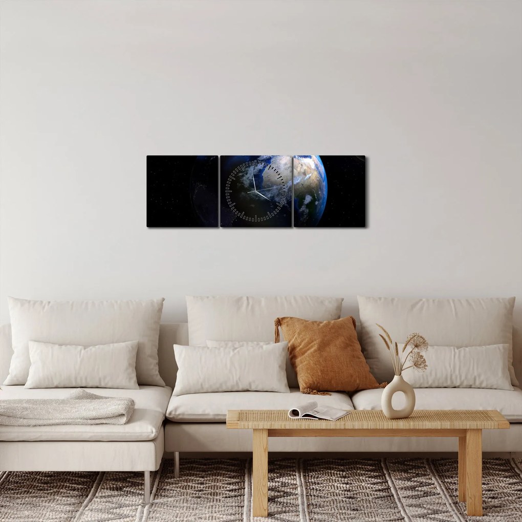 Obraz planety Ziemia (z zegarem) (90x30 cm)