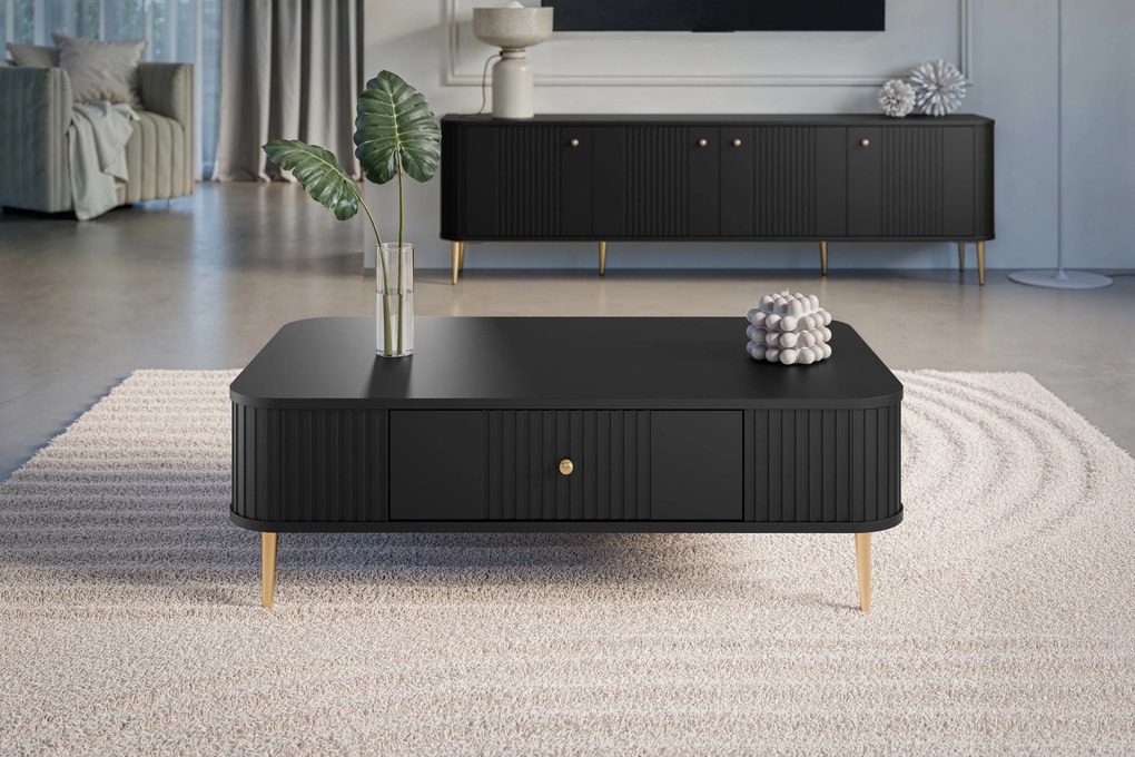 Stolik kawowy Vesper 103x60 cm z szufladą - czarny / złote nogi