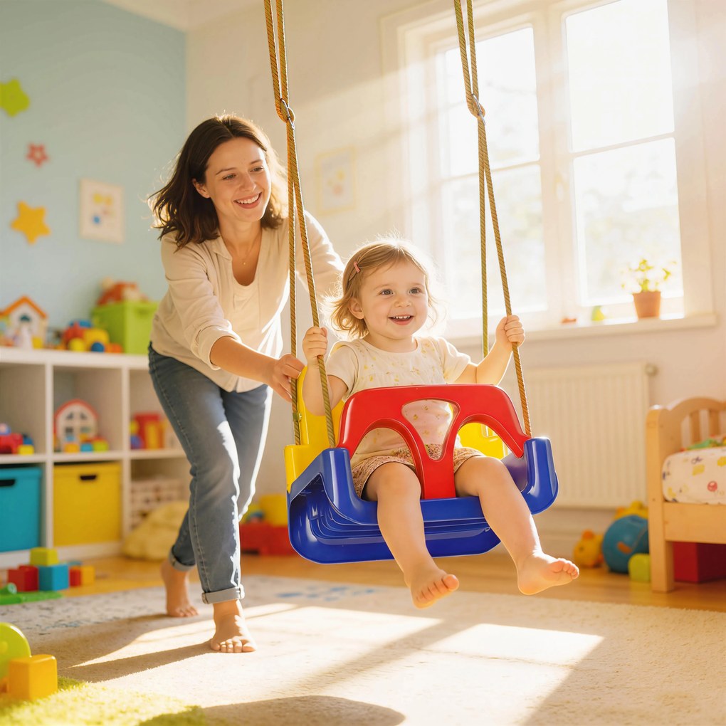 Outsunny Huśtawka dla niemowląt 3 w 1 regulowana, huśtawka z oparciem i pasem, dla dzieci 9-36 miesięcy, ciemnoniebieska | Aosom PL