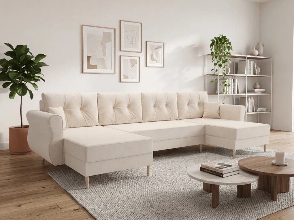 Rozkładana sofa narożna w kształcie U SILVIANO 300x140 cm, kremowa + 2 poduszki GRATIS