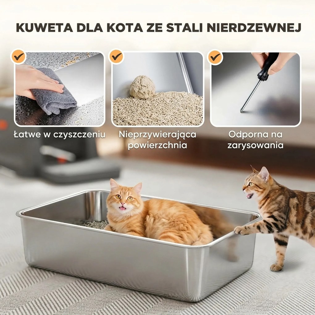 PawHut Kuweta dla kota XXL ze stali nierdzewnej 130L z pokrywą otwieraną 180°, wysokimi ściankami, łopatką i stopniem, 70x50x43 cm, szara | Aosom PL