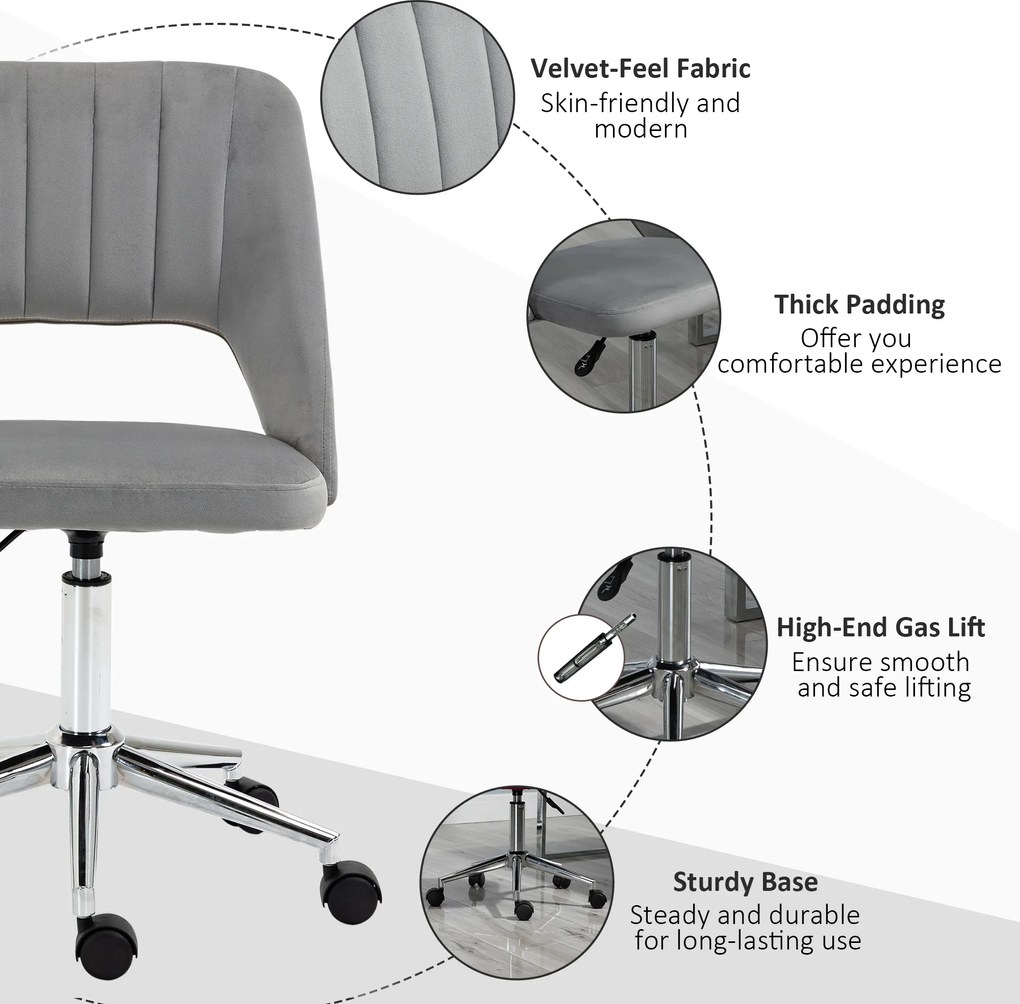 Vinsetto Regulowany wysokością fotel biurowy na kółkach, obrót 360°, kształt muszli, pianka, 49 x 60 x 79-91 cm, Szary