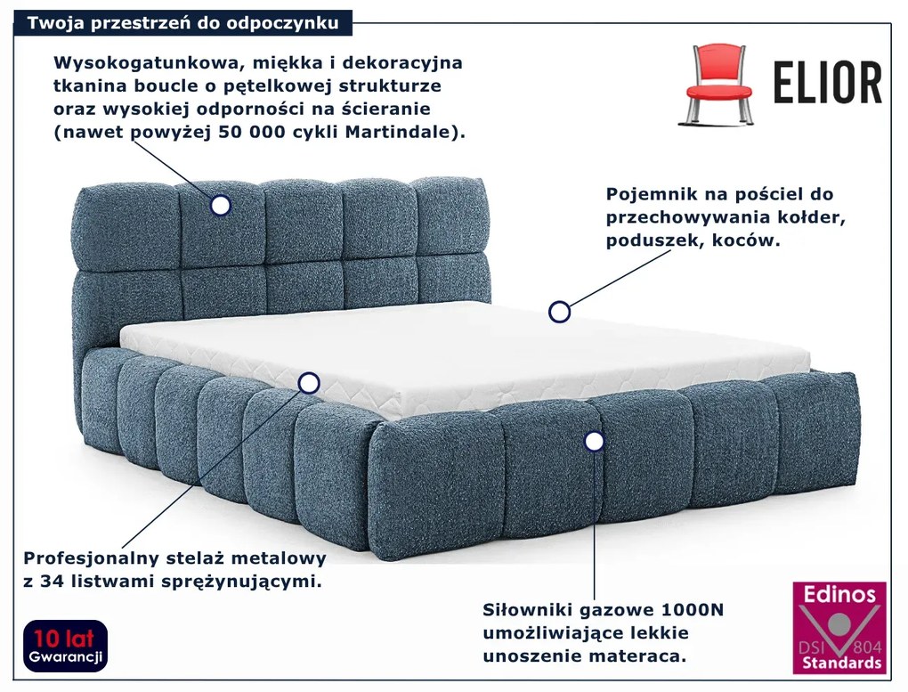 Niebieskie łóżko tapicerowane boucle 5 rozmiarów H8-D36