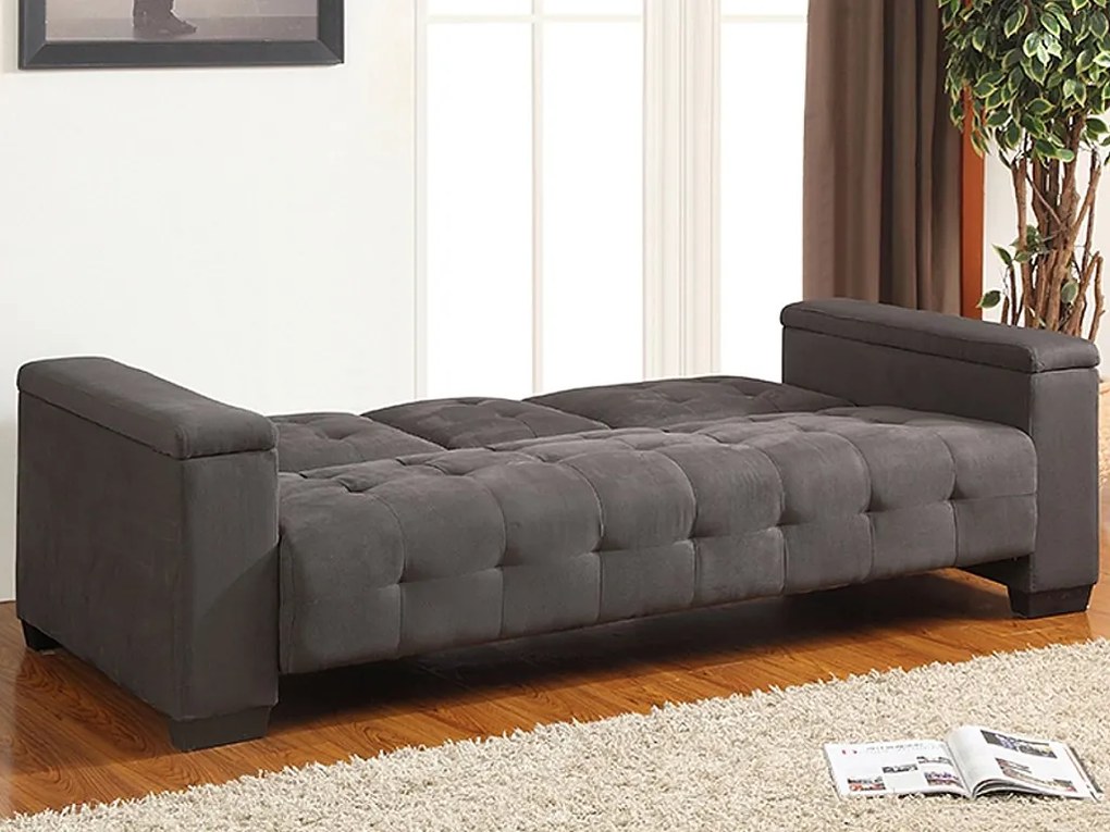 Kanapa 3-osobowa z prostym mechanizmem rozkładania z mikrofibry DEVONSHIRE z uchylnym stolikiem wbudowanym pośrodku oparcia - Kolor: szary