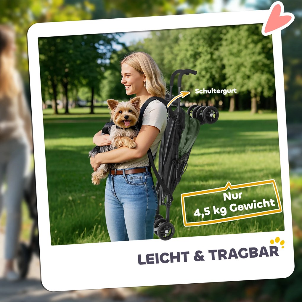 PawHut Wózek dla Zwierząt z Siatkowymi Oknami i Smyczami Bezpieczeństwa, 76Dł x 44S x 103W cm, Ciemnozielony