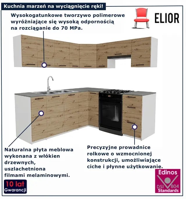Narożny komplet mebli kuchennych dąb artisan - Yumis