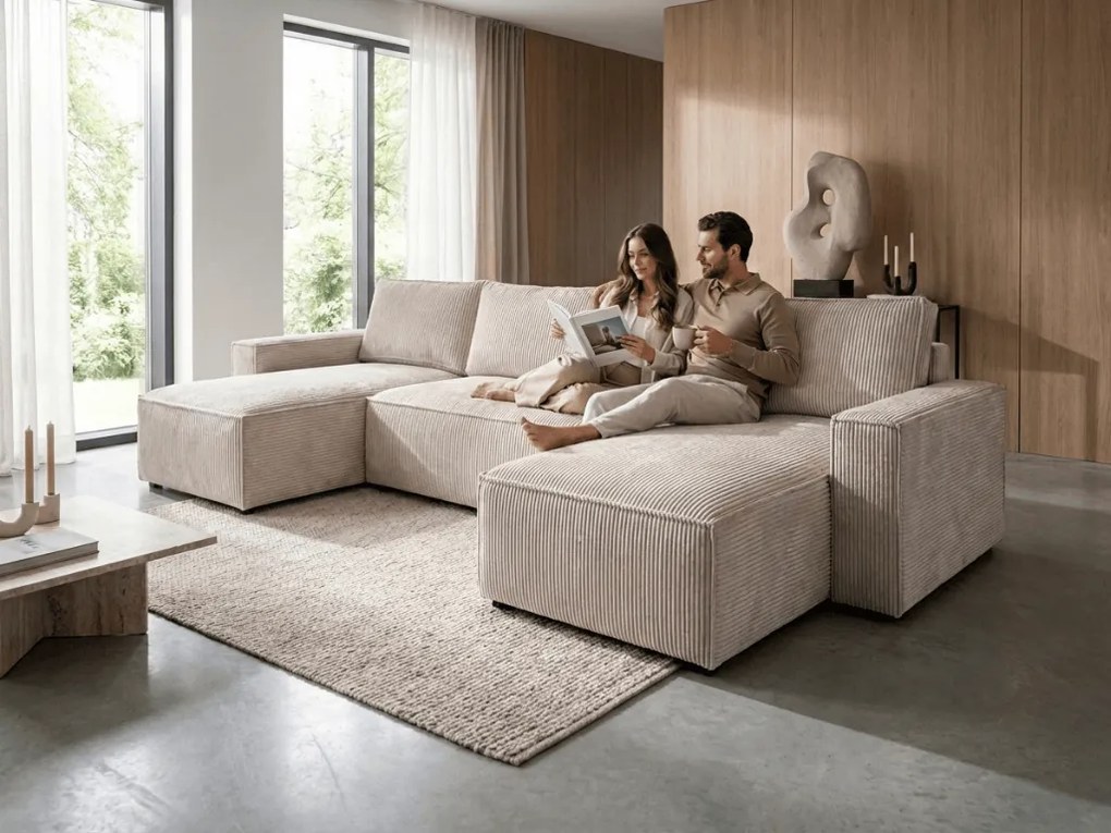 PROMOCJA Jasnobeżowy zestaw wypoczynkowy w kształcie U SMART COSARO 295x140 cm II jakość