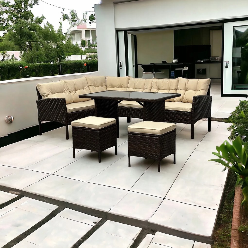 Duży zestaw mebli ogrodowych z narożnikiem Cuba 079 brąz, poduszki beżowe