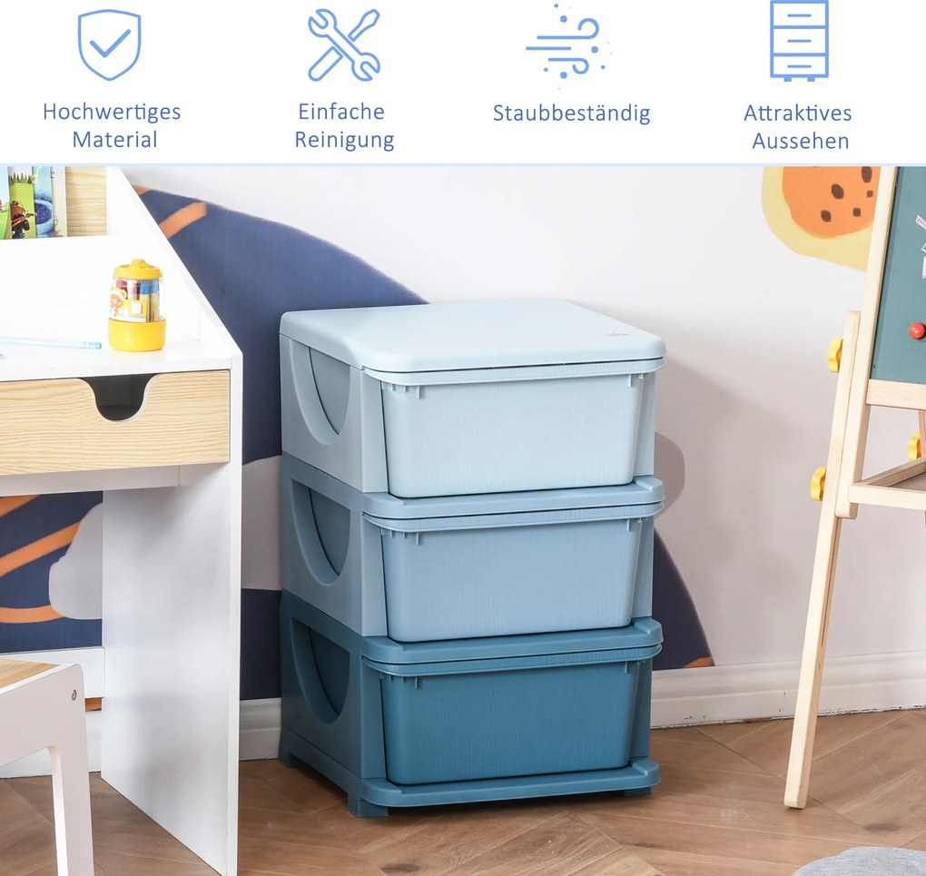 HOMCOM Pojemniki na Zabawki dla Dzieci z 3 Szufladami, Zaokrąglone Krawędzie, Podniesione Wzornictwo, 37x37x56,5 cm, Niebieski