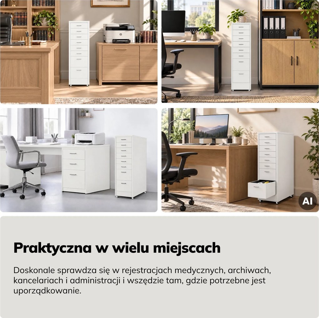 Szafka kartotekowa na kółkach, metalowa, 8 szuflad, na dokumenty, biała, 300x1100x600 mm: SARA V8