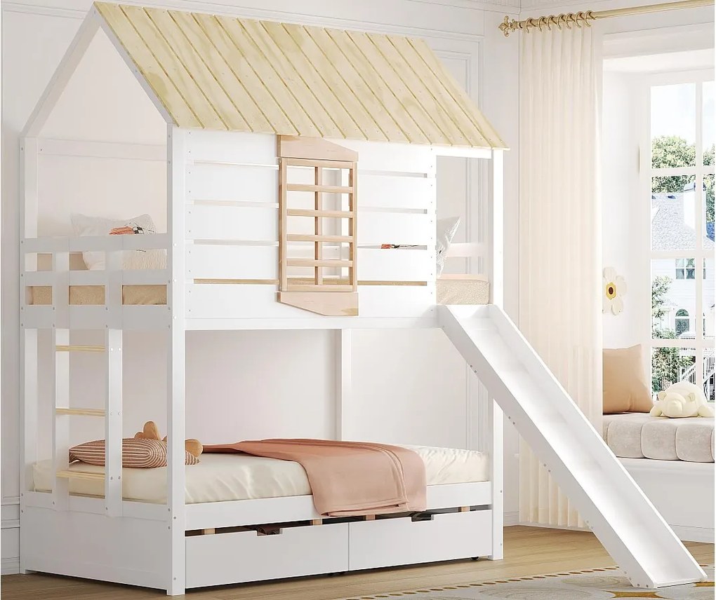 Łóżko piętrowe dla dzieci 90x200 cm - ze zjeżdżalnią i 2 szufladami - białe + kolor naturalny (bez materaca)