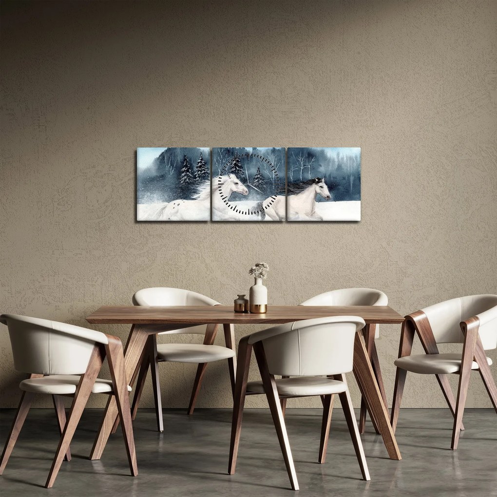 Obraz malowanych koni (z zegarem) (90x30 cm)
