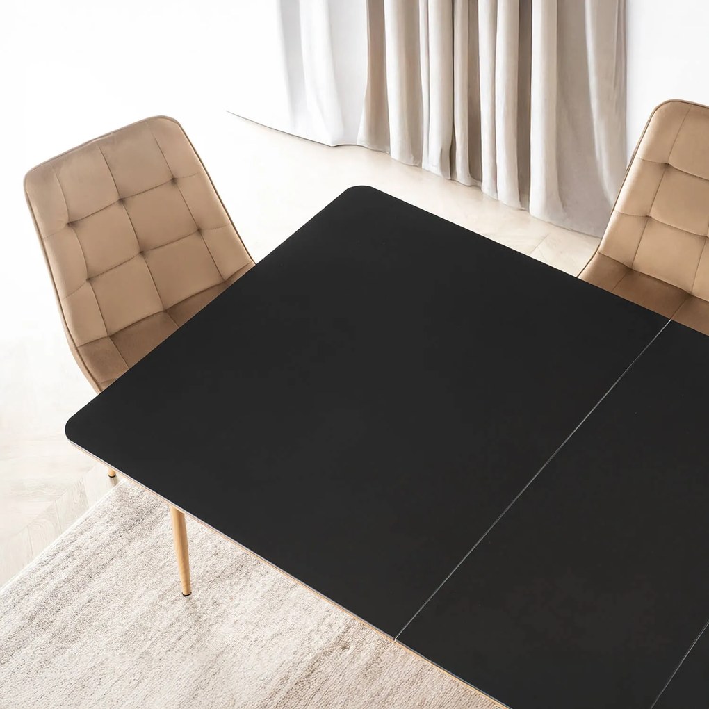 Zestaw Stół Rozkładany Ceramiczny LIZBONA 160-200 cm Czarny/Dąb i 4 Krzesła Tapicerowane RODRI Beżowe Nowoczesne