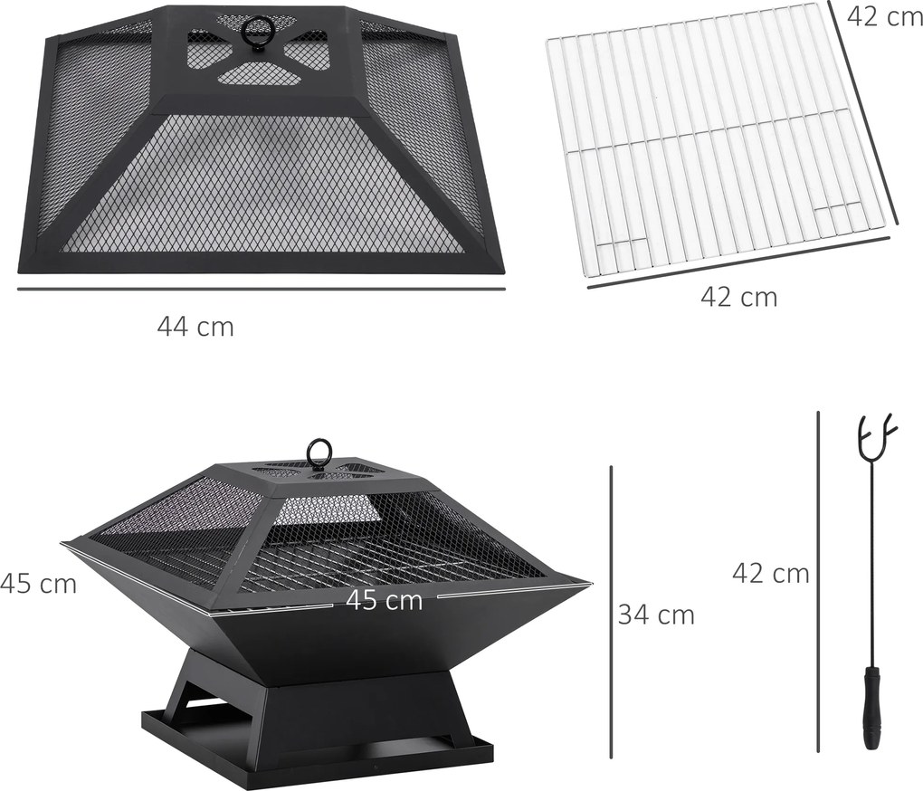 Outsunny Misa Paleniskowa z Rusztem Grillowym i Osłoną Iskier Stalowa Czarna Idealna do Ogrodu i na Kemping 45x45x34cm | Aosom PL