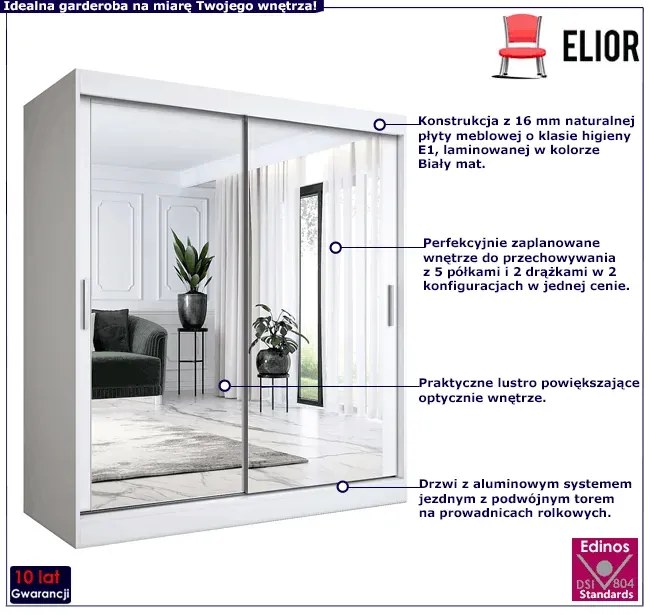 Biała szafa przesuwna do sypialni z lustrem 180 cm R6-E14