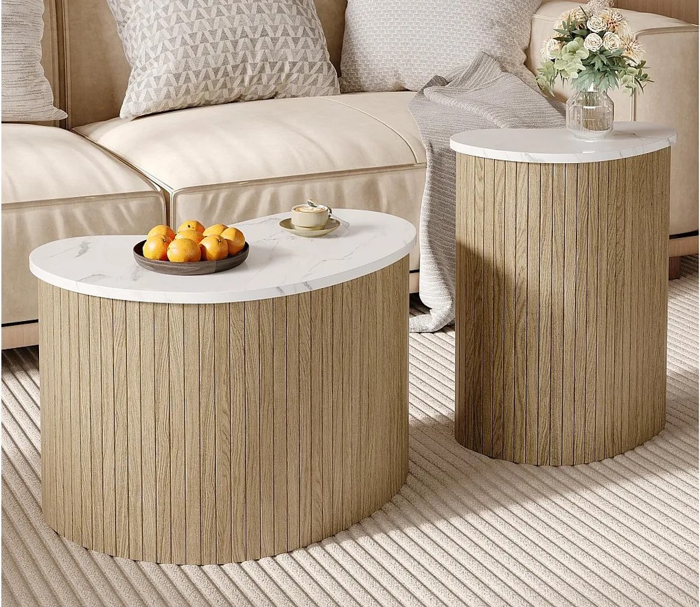 Zestaw 2 nowoczesnych stolików kawowych - faktura marmuru - wygląd drewna - Nieregularny design - MDF - Kolor naturalny