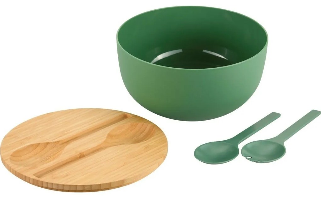 Kesper 58471 Miska sałatkowa z sztućcami ibambusową pokrywką 24 cm, zielona