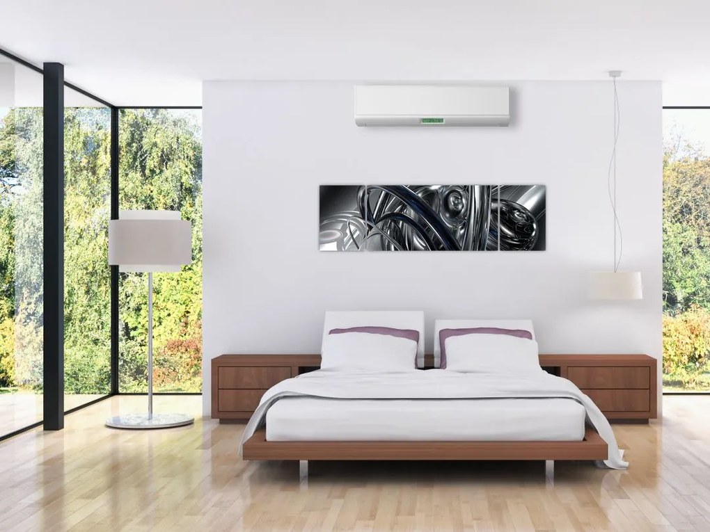 Obraz szarej abstrakcji z niebieskim (170x50 cm)