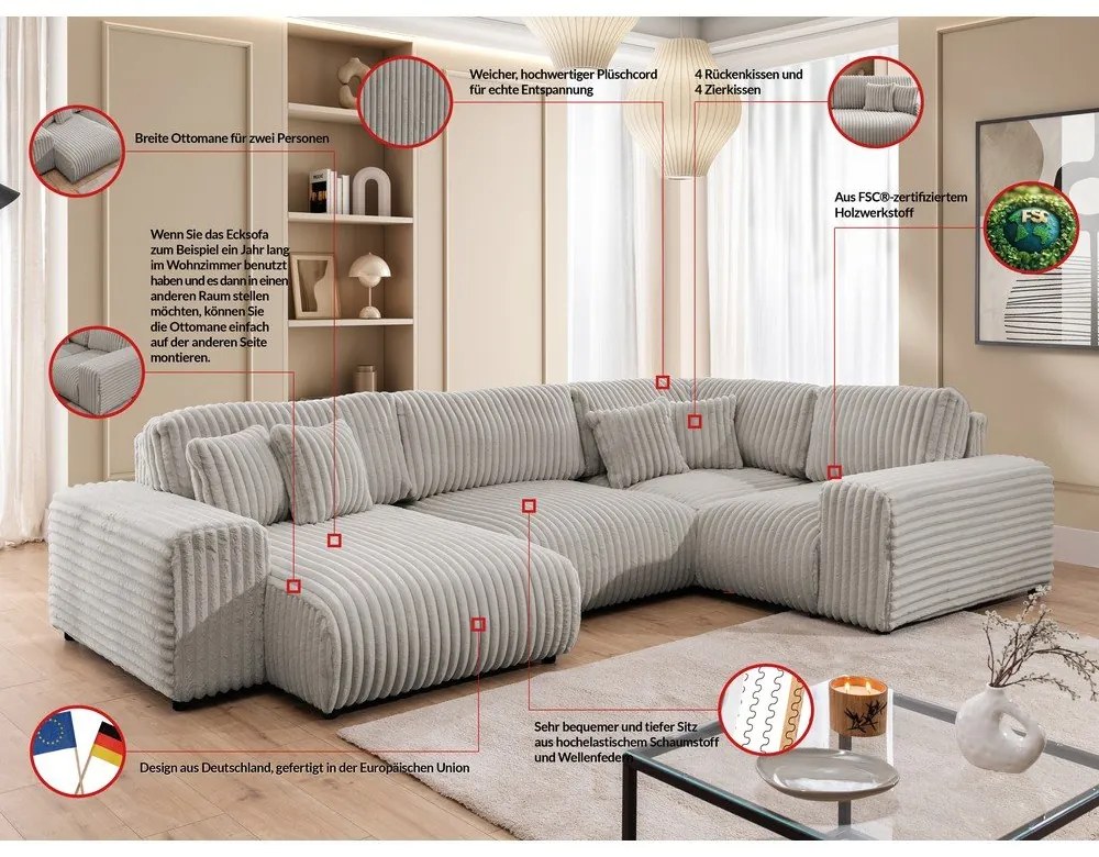 Jasnoszary sztruksowy narożnik (prawostronny/w kształcie litery U) Justin – Ropez