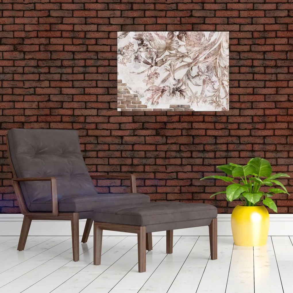 Obraz - Kwiatowy fresk na ceglanej ścianie (70x50 cm)