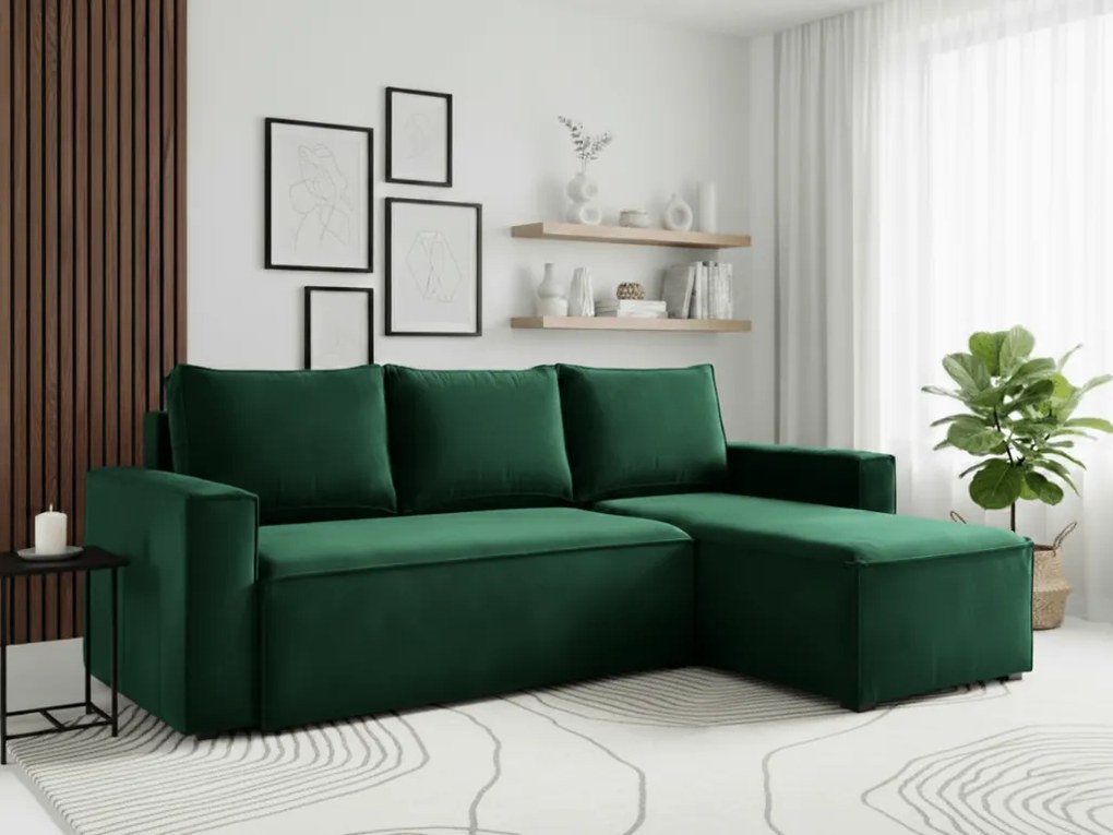 PROMOCJA Ciemnozielona rozkładana sofa narożna CAVELO, dwustronna II gatunek