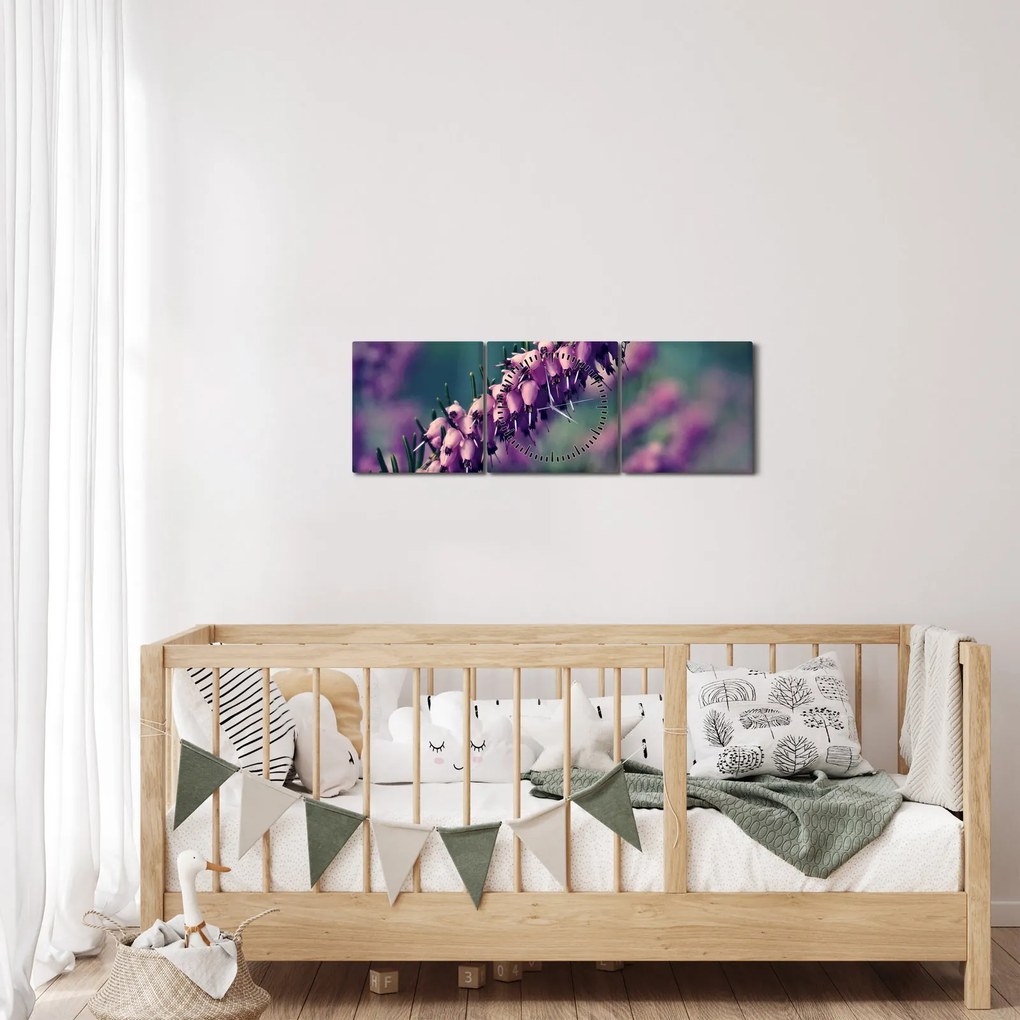 Obraz fioletowego kwiatu (z zegarem) (90x30 cm)